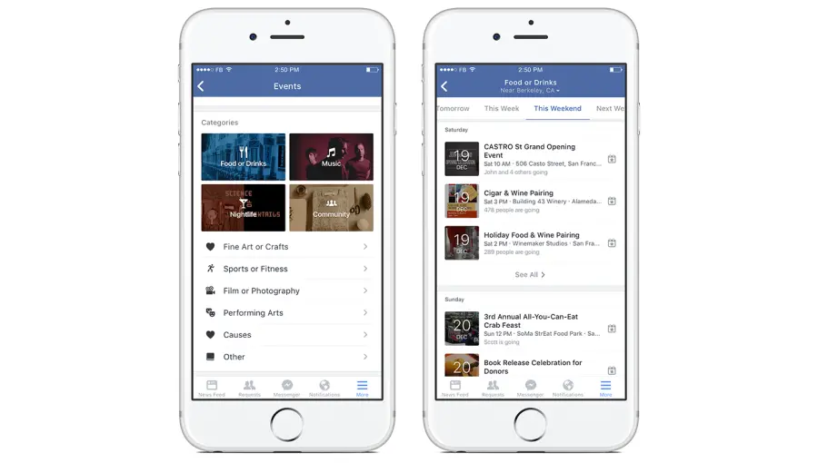 L'App di Facebook per iOS filtra gli eventi per categoria