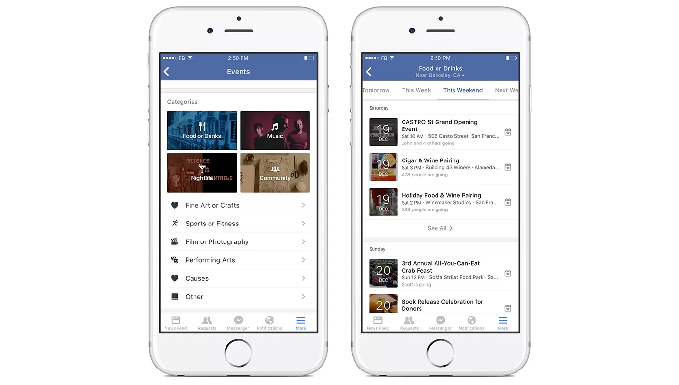 L’App di Facebook per iOS filtra gli eventi per categoria